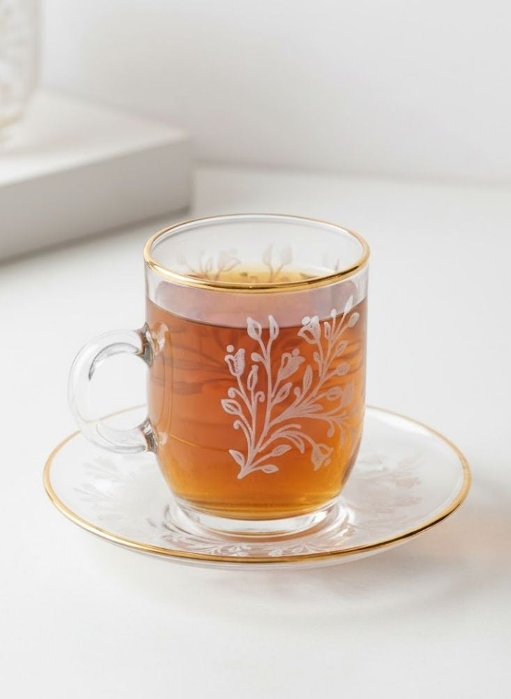 بريميم طقم فناجين شاي زجاجية بنقوش زهرية مع صحون مكوّن من ست قطع بحواف ذهبية - Image 2